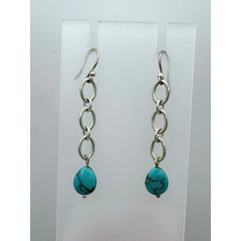 Silver Tone Chain Link Turquoise Teardrop Dangle Earrings Southwestern Boho
